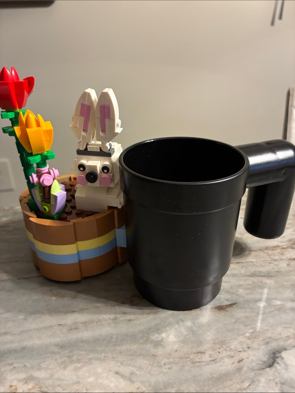 Lego White Bunny in Brown Flower Pot with Red, Yellow & Pink Flowers & Lego cup